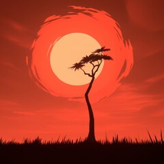 Wall Mural - Majestic solitary tree against a vivid sunset sky in a serene landscape