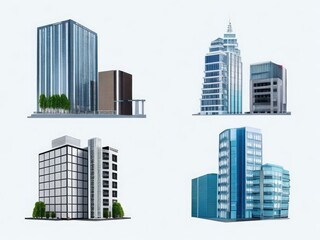 Different styles of modern buildings isolated on white background, high rise buildings.