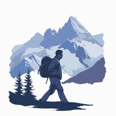 Wall Mural - Man outdoor activity backpack and trekking hiking silhouette with mountain emblem design vector illustration on white background