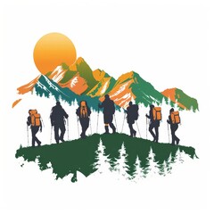 Wall Mural - Mountain outdoor nature wild adventure travel journey summer hot season hiking trekking group of people emblem design vector illustration on white background