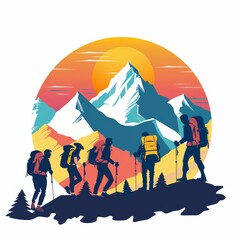 Wall Mural - Mountain outdoor nature wild adventure travel journey summer hot season hiking trekking group of people emblem design vector illustration on white background