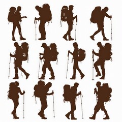 Wall Mural - Silhouettes of travelers with backpacks set. hiking, trekking vector illustration on white background