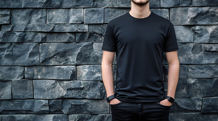 Mockup of Young Man Wearing Plain Black T-Shirt (Front and Back Views)