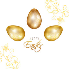 Wall Mural - Happy Easter Celebration Poster Design with Realistic Golden Eggs and Floral Branch Decorated Png Background.