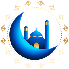 Poster - Eid or Ramadan Sticker with Blue Mosque and Crescent Moon Flat Element Png.