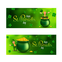 Wall Mural - St. Patrick's Day Social Media Banner or Header Design Set with Leprechaun Man Character, Treasure Pot and Shamrock Leaves Decorated on Png Background.