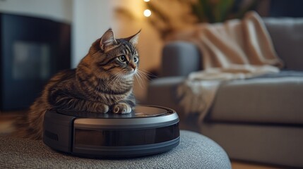 Wall Mural - A playful cat comfortably perched on a robotic vacuum cleaner, moving across a cozy living room with a soft, grey sofa in the background.