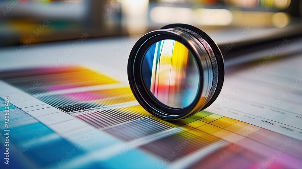 A professional print loupe placed on an offset sheet, focusing on the ...