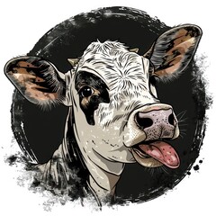 Sticker - A close-up of a black and white calf's face with its tongue sticking out. The calf is against a black background with white splatters of paint.