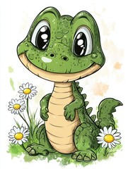 Poster - Cartoon green alligator with big eyes sitting on a white background surrounded by daisies.