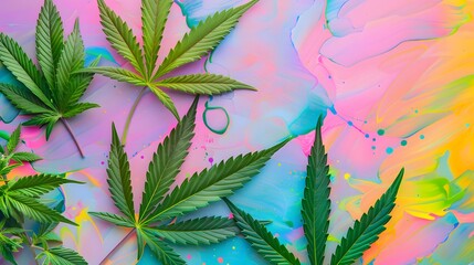 marijuana leaves on a colorful background, close up top view on cannabis leaves and branches on colo