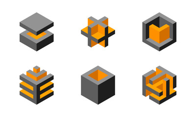 Cube logo, geometric vector design. Box logotype company, trendy tech emblem in pixel style.