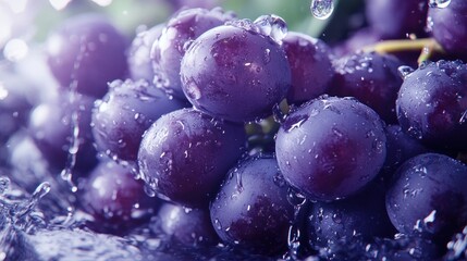 Canvas Print - Close up of a bunch of dark purple grapes with water droplets on them.