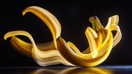 A banana peel with a vibrant yellow glow is curled and posed on a black surface, creating an abstract and artistic still life.