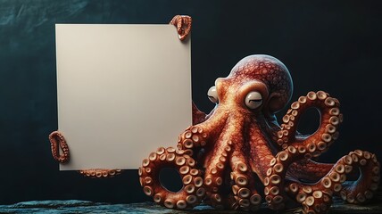 a octopus holding a blank a4 paper