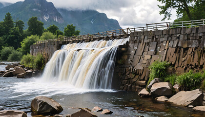 Poster - Chute d'eau artificielle devant des montagnes majestueuses