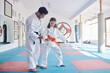© Fanti/peopleimages.com - Child, teacher or practice in dojo for martial arts, training or fighting exercise for karate education. Learning skill, warrior or judo master with girl kid in studio for taekwondo lesson or workout