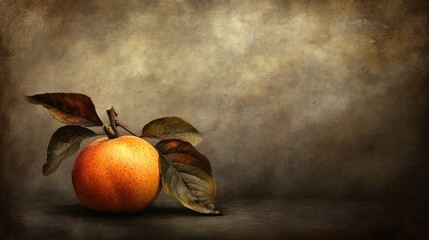 Wall Mural - A single ripe apple with leaves on a rustic brown background.