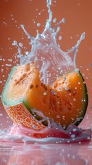 Poster - A slice of cantaloupe falls into a pool of pink and white liquid, creating a beautiful splash.