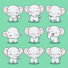 Poster - Nine adorable cartoon baby elephants in various poses, perfect for kids' designs.