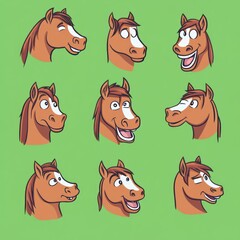 Wall Mural - Nine brown horse heads with different expressions, each on a green background.