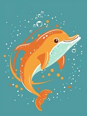 Poster - A cartoon orange dolphin with a smile and big eyes swims with white bubbles around it on a turquoise background.