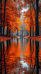 Poster - A magical grove with trees bearing fiery orange and red leaves, casting colorful reflections on a serene, crystal-clear pond