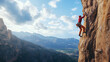 © Zape - A rock climber scaling a steep cliff, with the climber’s full body and climbing gear in view against the backdrop of a vast valley or mountain range.