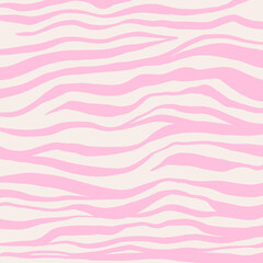 Wall Mural - Groovy zebra pattern. Abstract zebra stripes background in groovy flat style. Animal skin tiger stripes collage background in pink and white colors. Hand drawn