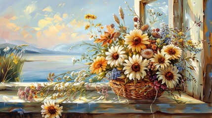 Wall Mural - Sunlit Flowers and Water View