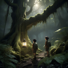 Wall Mural - Deep in the dark, mysterious and magical forest, ai-generatet