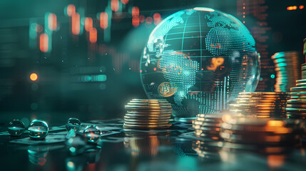 A futuristic and striking of a holographic globe, glowing with digital continents, next to a stack of physical bitcoins, symbolizing the intersection of global digital currency and technology 