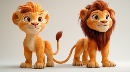 Poster - Two cute cartoon lion cubs with fluffy fur and big eyes stand side by side.