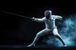 © Nena Ai - A fencer dressed in full gear, including a mask and a reflective suit, strikes an aggressive pose with their sword against a smoky, dark background. Perfect for fencing enthusiasts.