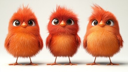 Wall Mural - Three cartoon baby chicks with fluffy orange feathers and big eyes stand in a row on a white background.