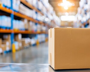 A cardboard box in a modern warehouse, highlighting logistics and storage solutions for efficient inventory management.