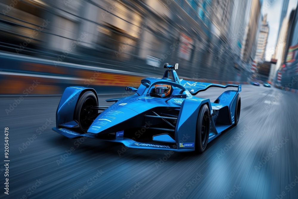 An electric race car zooms through a city street track, representing ...
