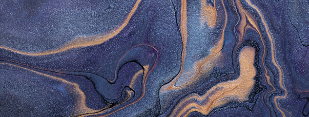 Wall Mural - Abstract fluid art background navy blue and golden colors. Liquid marble. Acrylic painting with beige lines