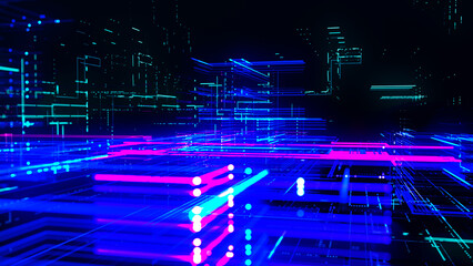 Wall Mural - Data flow information. Digital communication concept. Blue futuristic flow. Abstract futuristic sci-fi background with particle and line mesh. Connection and connectivity concept. 3D rendering.