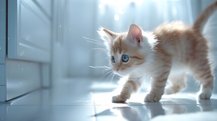 A captivating scene of a cat with a light brown head and tail, its silky fur blending seamlessly into a milky-white body as it explores a white tiled floor. 