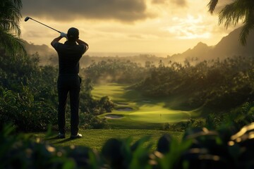 A stunning image of a golfer poised to swing at sunset, casting a silhouette against a breathtaking scenic vista, embodying the serene beauty and calm of the sport.