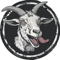 Canvas Print - A detailed illustration of a goat's head with horns, a tongue sticking out, and a grunge-style background.