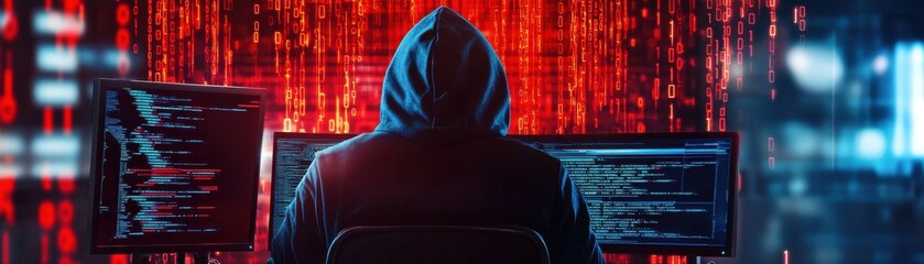 Wall Mural - A hooded figure sits at dual monitors, immersed in code against a backdrop of glowing binary digits, representing the world of cybersecurity.