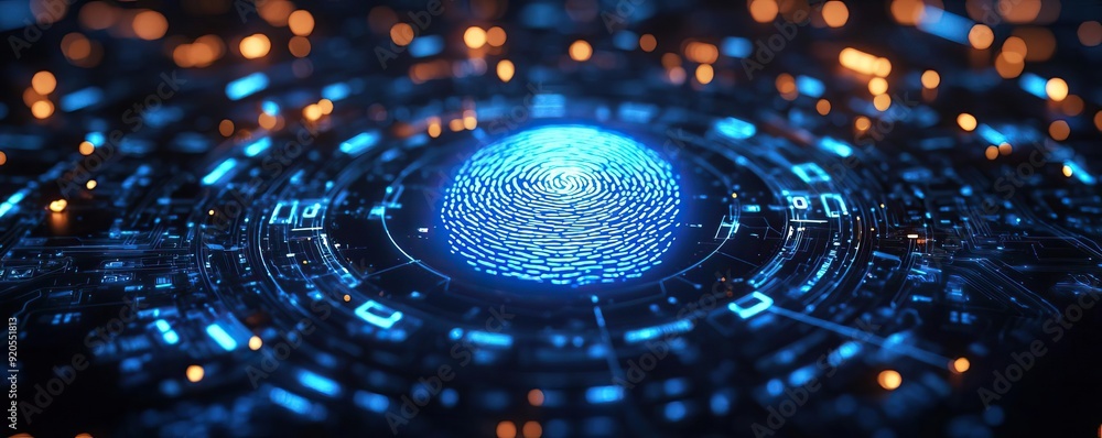 Biometric fingerprint scanner glowing with blue light, against a dark ...