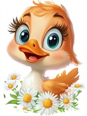 Poster - Cute cartoon duckling with big eyes and a smile surrounded by white daisies.