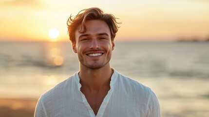 Smiling man at sunset on the beach with gentle waves in the background