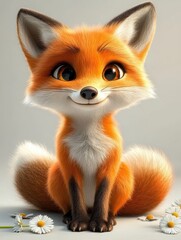 Wall Mural - A cute, cartoon-style fox sits on a white background with daisies around it. The fox has large eyes, a bushy tail, and is smiling.