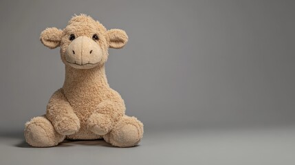 Poster - Plush camel toy with big brown eyes on a grey background.