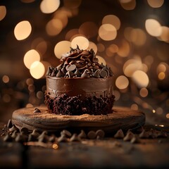 Artistic still life of a chocolate cake with chips, soft light, and bokeh background, dreamy dessert aesthetic