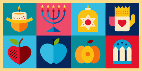 A colorful collection of icons representing various Jewish holidays